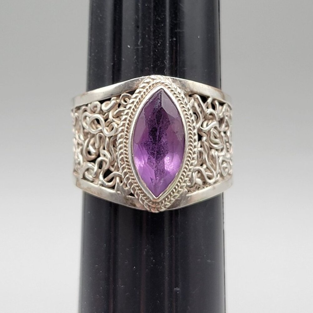 Vintage Spaghetti Filigree Ring Silver Tone Purple Glass Marquise Size 9.75